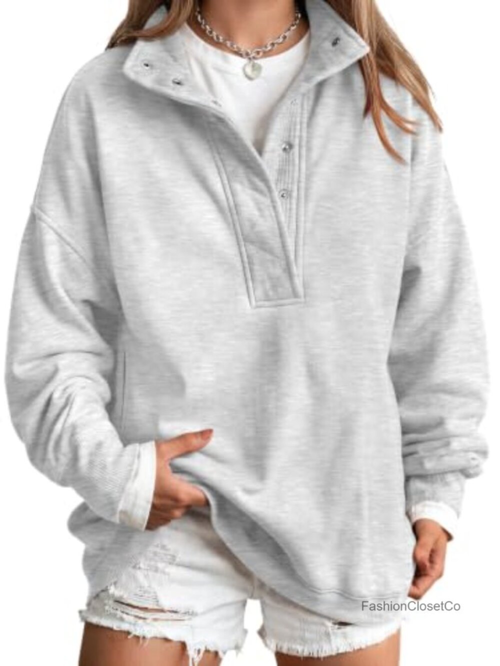 Women's Oversized Snap Henley Sweatshirt Cotton Blend Long Sleeve Casual Fall